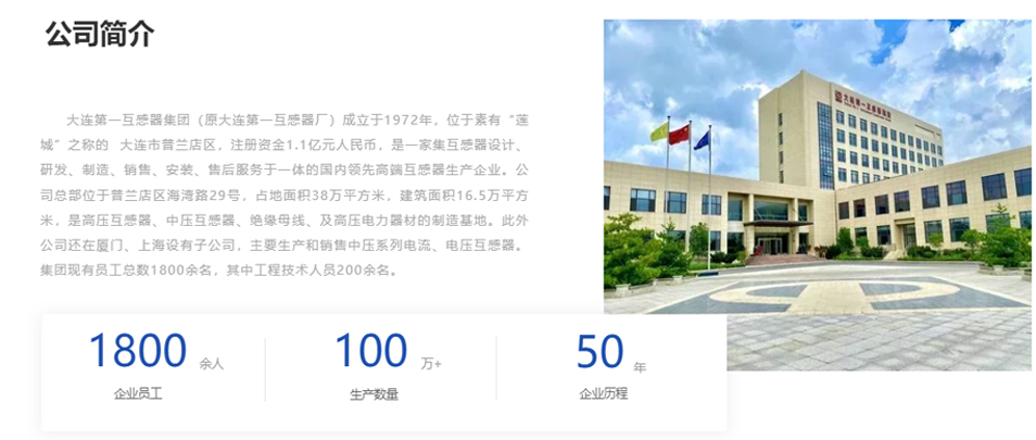 大連第一互感器集團（原大連第一互感器廠）成立于1972年，位于素有“蓮城”之稱的  大連市普蘭店區，注冊資金1.1億元人民幣，是一家集互感器設計、研發、制造、銷售、安裝、售后服務于一體的國內領先高端互感器生產企業。公司總部位于普蘭店區海灣路29號，占地面積38萬平方米，建筑面積16.5萬平方米，是高壓互感器、中壓互感器、絕緣母線、及高壓電力器材的制造基地。此外公司還在廈門、上海設有子公司，主要生產和銷售中壓系列電流、電壓互感器。集團現有員工總數1800余名，其中工程技術人員200余名。